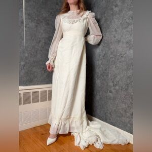 Authentic 1970s Boho Prairie Wedding Dress – Sheer Bishop Sleeves & Lace